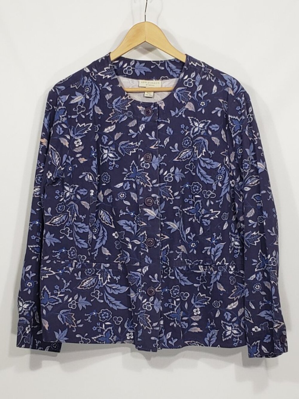 Appleseed's Blue Floral Cotton Twill Button Front Jacket Women's Plus Size 20W